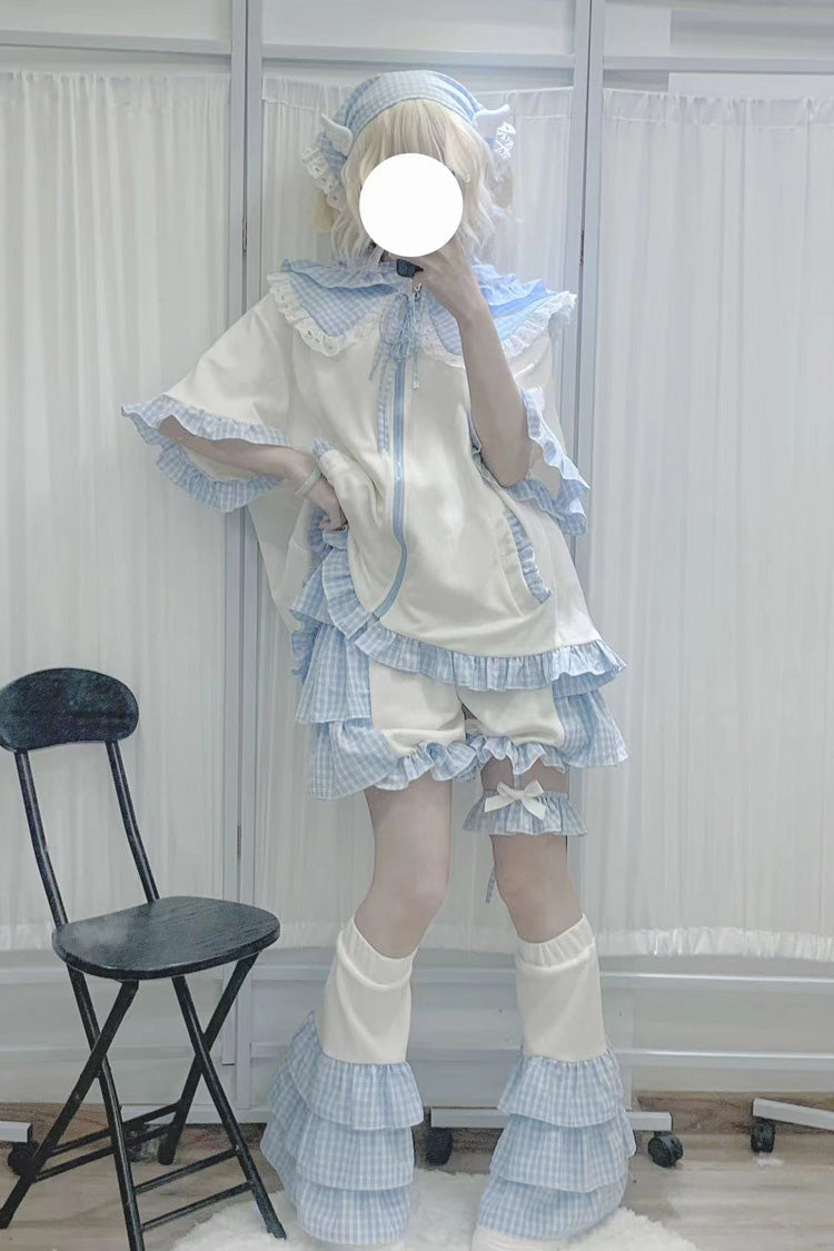 White/Blue [Heart Signal] Short Sleeves Plaid Print Jirai Kei Coat - Product - 4