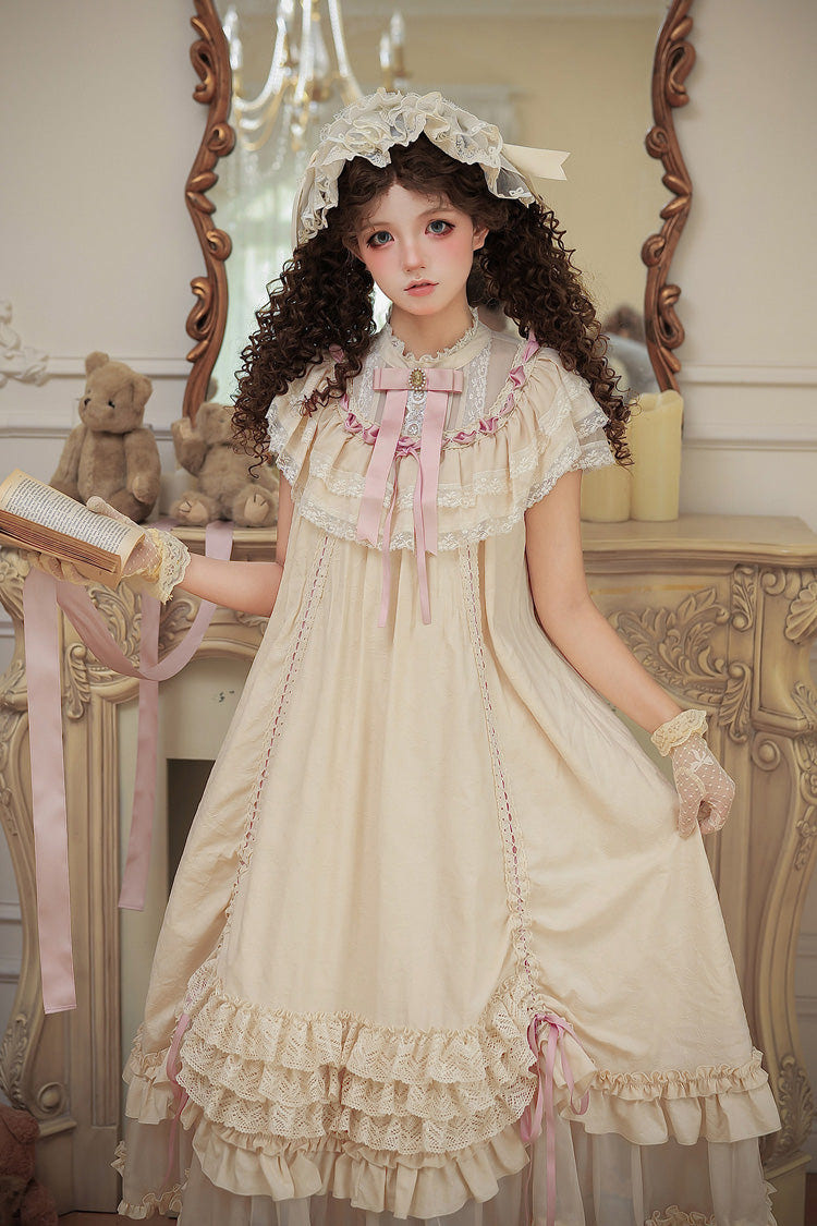 Apricot [Lily's Dream] Stand Collar Short Sleeves Loose-Fit Doll-Like Multi-Layered Ruffled Bow Lace Sweet Lolita Dress 2 Versions - Product - 14