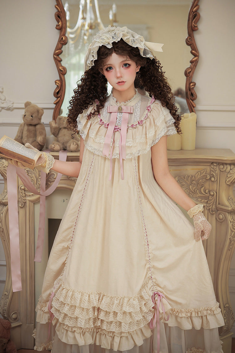 Apricot [Lily's Dream] Stand Collar Short Sleeves Loose-Fit Doll-Like Multi-Layered Ruffled Bow Lace Sweet Lolita Dress 2 Versions - Product - 14