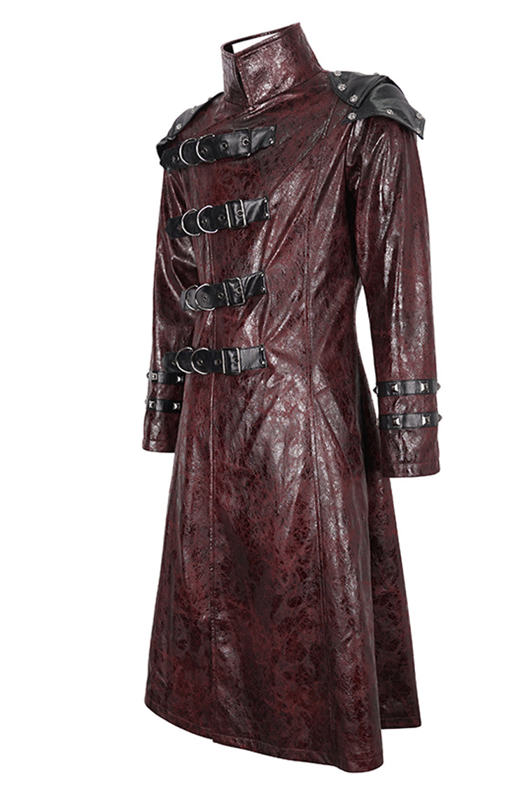 Red Stand Collar Multi Buckle Faux Long Leather Men's Punk Coat - Product - 9