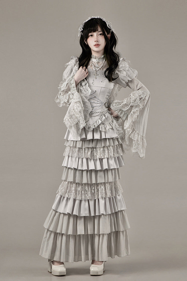 Solid Color [Bionic Doll] Square Collar Multi-Layered Ruffle Bowknot Lace-Up Gothic Lolita Fishtail Skirt Corset Set - Product - 8