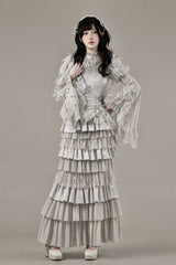 Solid Color [Bionic Doll] Square Collar Multi-Layered Ruffle Bowknot Lace-Up Gothic Lolita Fishtail Skirt Corset Set - Product - 8