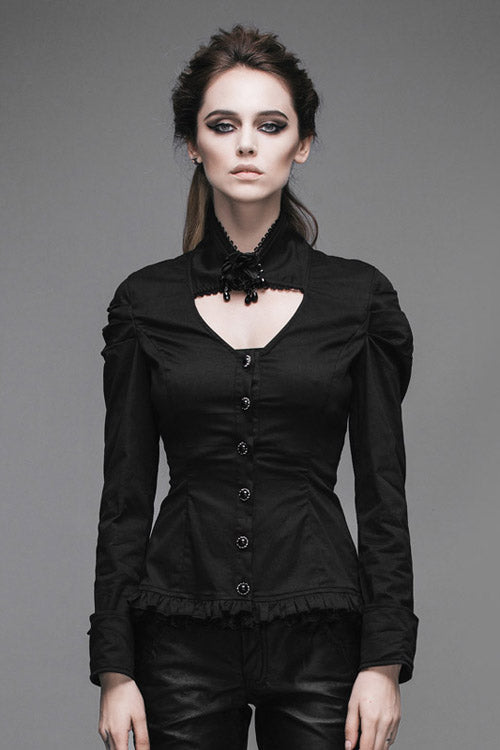 Black Vintage High Collar Elastic Slim Womens Gothic Blouse - Product - 2