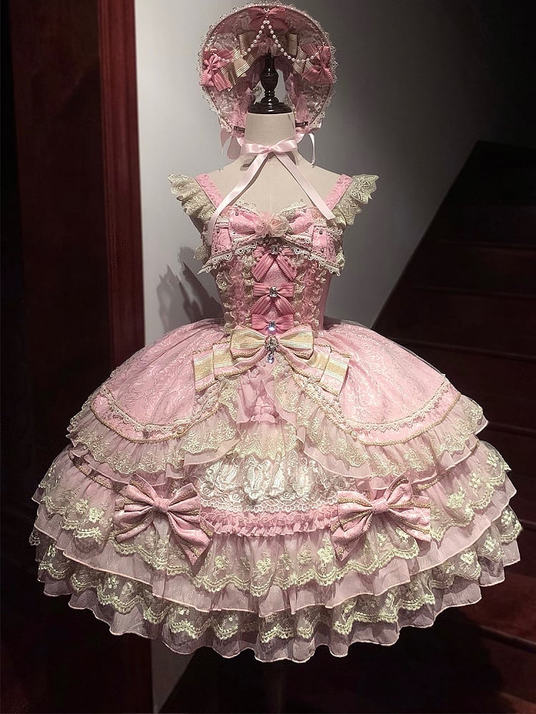 Pink Flower Bead Chain Bow Princess Lolita Dress front view