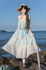[Summer of Bluebells] Square Collar Sleeveless Jacquard Ruffled Asymmetric Sweet Lolita Skirt Set 2 Colors (Blue/Green, Ivory) - Product - 23