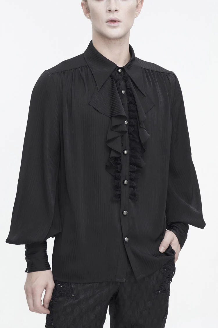Black Puff Sleeved Ruffled Lace Splice Men's Gothic Shirt - Black - 1