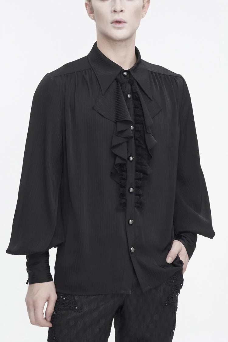 Black Puff Sleeved Ruffled Lace Splice Men's Gothic Shirt - Black - 1