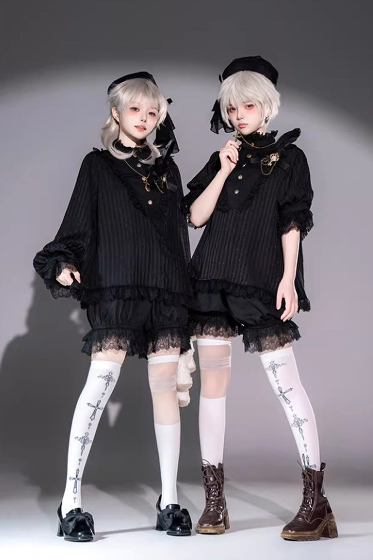 Black Stand Collar Long Short Sleeves Printed Ruffled Lace Gothic Ouji Lolita Set 2 Versions - Black - 1