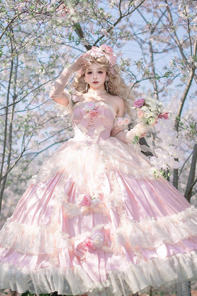 Pink [Love and Roses] Ruffle Hanayome Bowknot Lace Sweet Princess Lolita Jsk Dress - Pink - 1