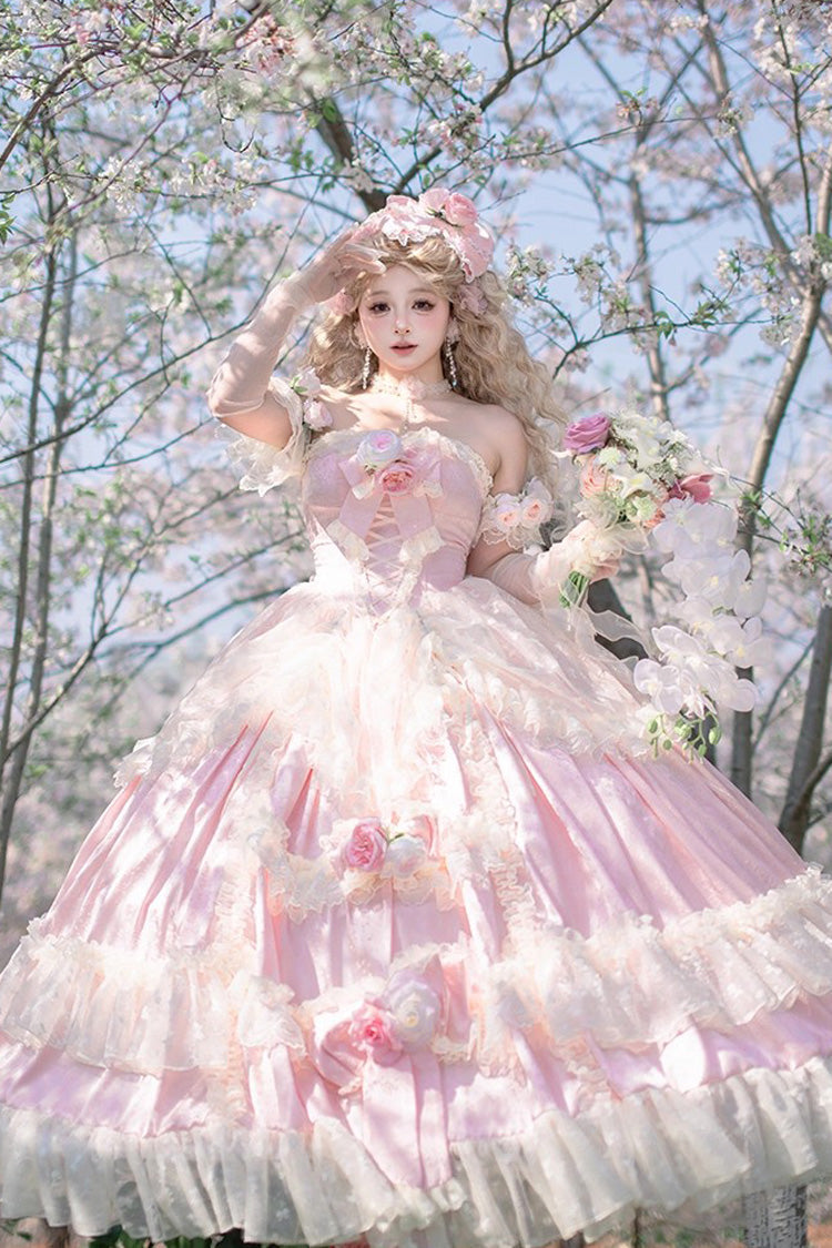 Pink [Love and Roses] Ruffle Hanayome Bowknot Lace Sweet Princess Lolita Jsk Dress - Pink - 1