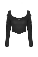 Black Long Sleeves Irregular Strappy Bat Women's Punk Crop Top - Product - 3