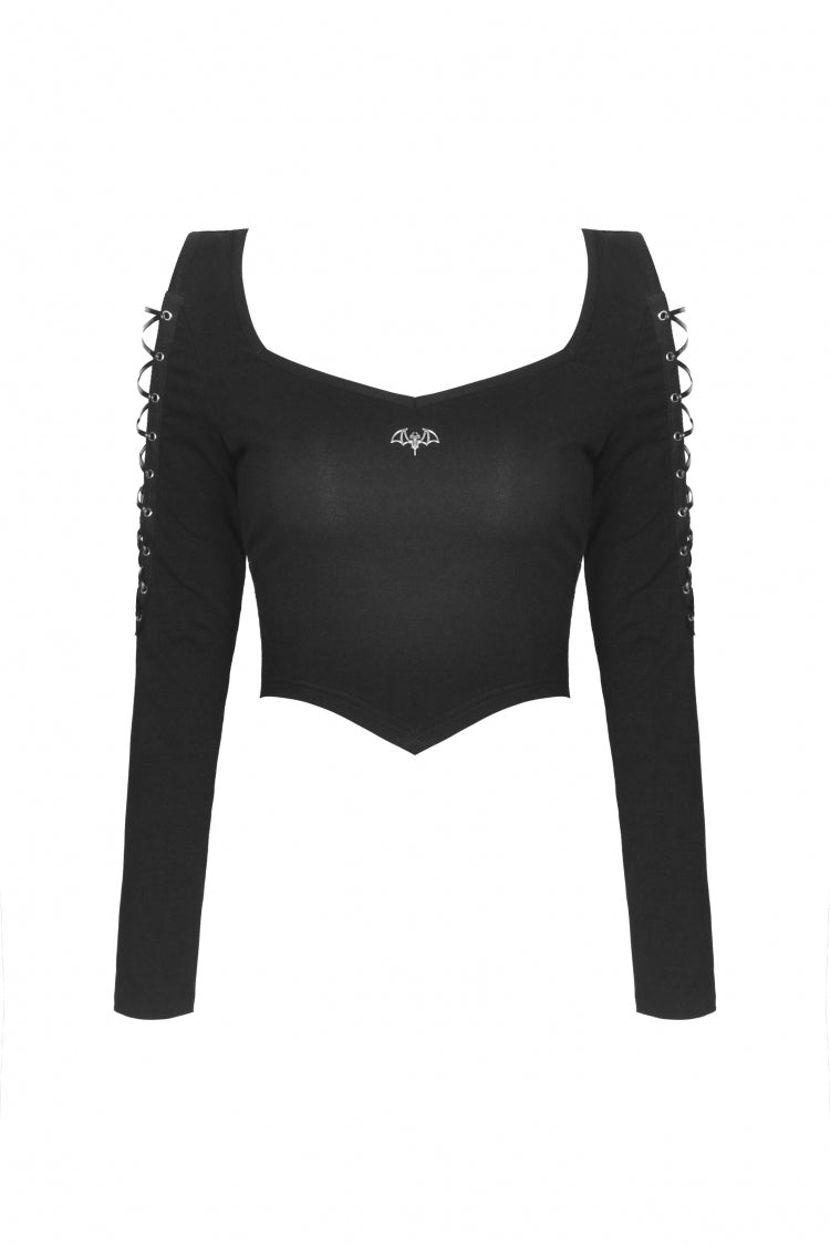 Black Long Sleeves Irregular Strappy Bat Women's Punk Crop Top - Product - 3