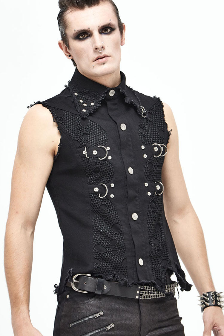 Black Worn Out Twill Mesh Decoration Rough Selvedge Hem Heavy Metal Men's Punk Waistcoat - Product - 3