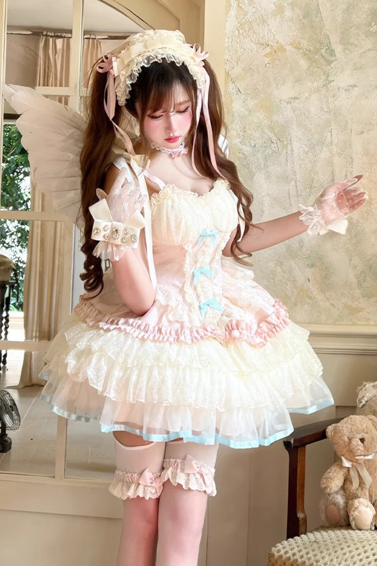Pink/Beige [Sweet Dream Peach] Sleeveless Multi-Layered Ruffle Bowknot Lace Sweet Ballet Lolita Jsk Dress - Product - 5