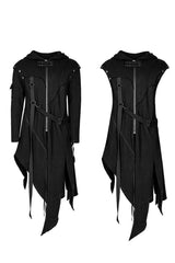 Black Strap Decoration Long Sleeves Irregular Hem Hooded Mens Steampunk Coat - Product - 4