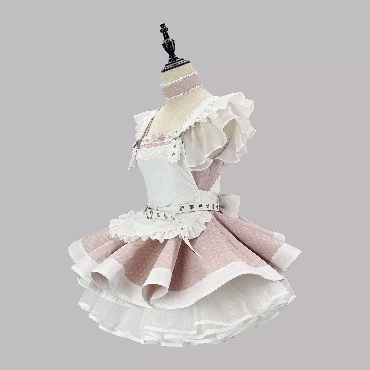 Black and White Striped Ruffled Lolita Dress with Belt Accent 商品画像