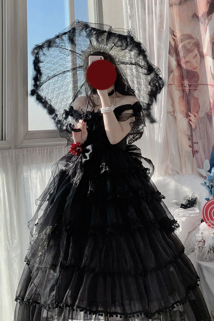 Black Multi-Layered Ruffled Hanayome Bow Pearl-Decorated Gothic Lolita Jsk Dress Full Set 2 Versions - Product - 2
