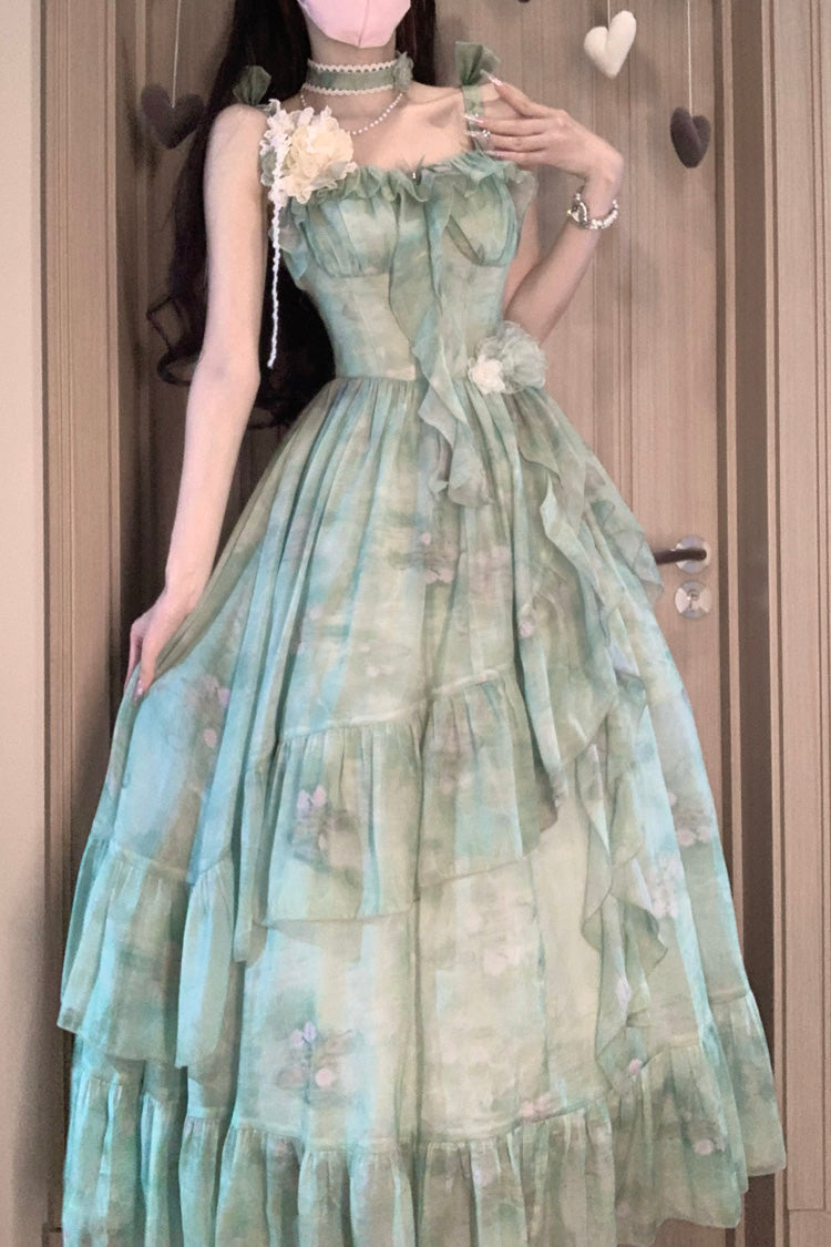 Green [Forest Garden] Print Ruffle Bowknot Sweet Lolita Jsk Long Dress - Product - 2