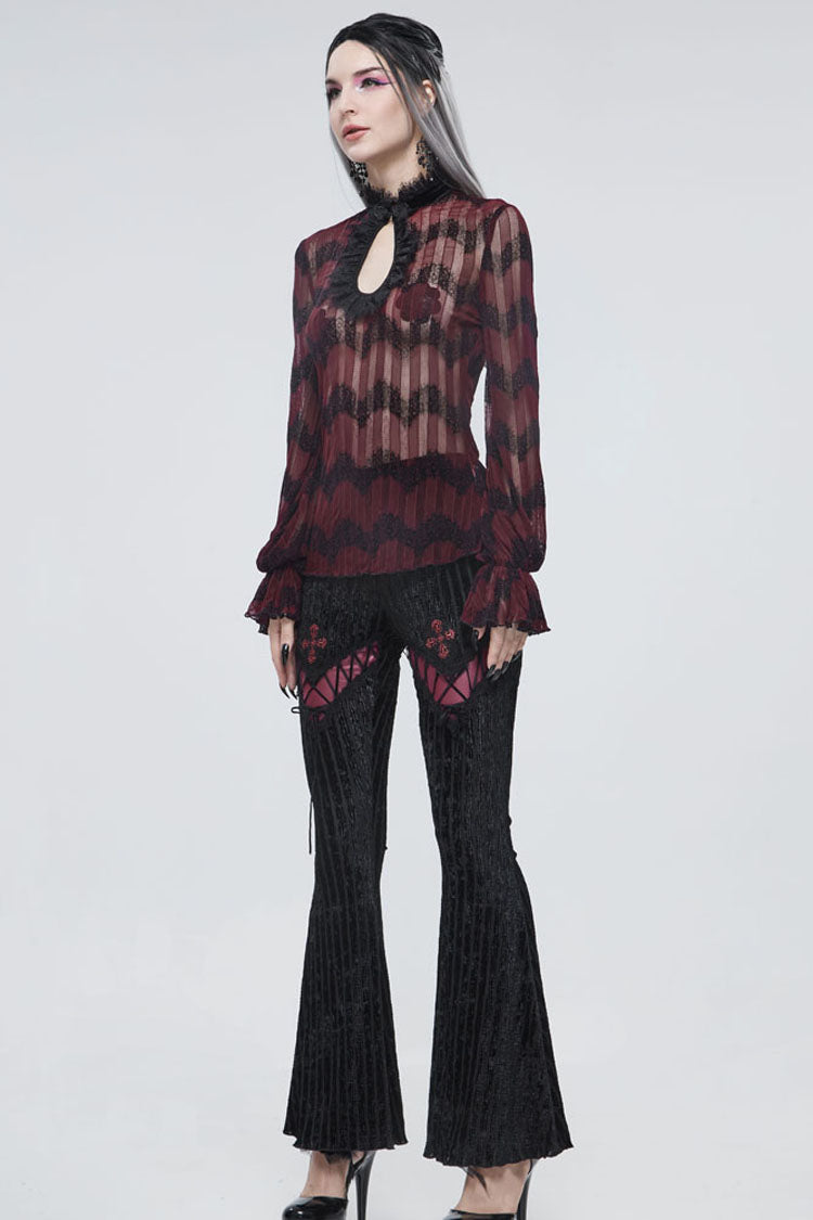 Black Gothic Striped Flocking V-Shaped Cross Lace Stitching Flared Women's Pants - Product - 8