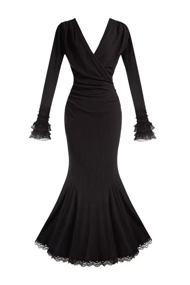 Black [Secret Crush] Long Sleeves Stretch Knit Slim Gothic Lolita Fishtail Dress - Product - 3