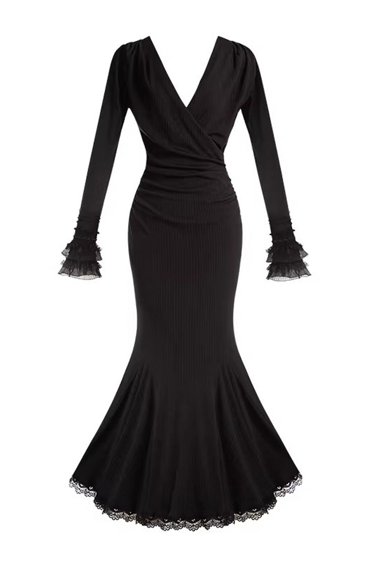 Black [Secret Crush] Long Sleeves Stretch Knit Slim Gothic Lolita Fishtail Dress - Product - 3