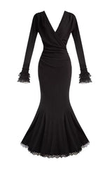 Black [Secret Crush] Long Sleeves Stretch Knit Slim Gothic Lolita Fishtail Dress - Product - 3