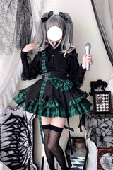 Electronic Kitten Dark Girl Multi-layer Plaid Print Ruffle Bowknot Gothic Lolita Skirt 3 Colors - Green - 4
