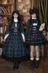 Blue/Green [Berlin's letter] Double-Layered Plaid Print Ruffle Bowknot Classic College Style Lolita Strap Dress Set 2 Versions - Product - 22
