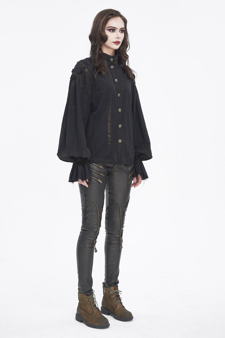 Black Stand Collar Lantern Sleeves Print Lace Women's Punk Blouse - Product - 4