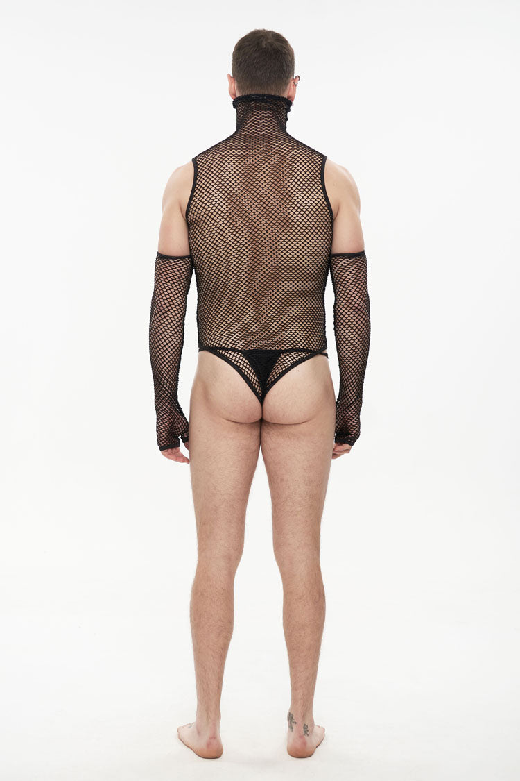Black Transparent Mesh Sexy Super High Collar Masked Glove Thong Men's Punk Onesie - Product - 6