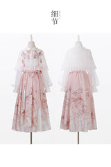 White/Pink [Cherry Blossom Rain] Lapel Collar Long Sleeves High Waisted Printed Women's Sweet Hanfu Dress Set - Product - 6