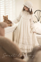 White [Good Night] Long Sleeves Double-Layered Ruffle Bowknot Lace-Up Holy Sweet Lolita Dress - Product - 6
