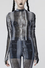 Black/Grey Long Sleeves Print Mesh Tie-dyed Women's Steampunk T-Shirt - Black/Grey - 1