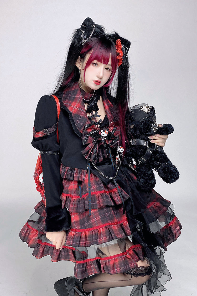 Black/Red Japanese Punk Rock Babes Bowknot Gothic Lolita Tiered Dress - Product - 4