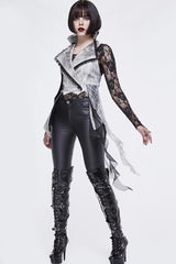 White Painted Back Lace Up Lace Hem Asymmetrical Women's Gothic Waistcoat - Product - 3