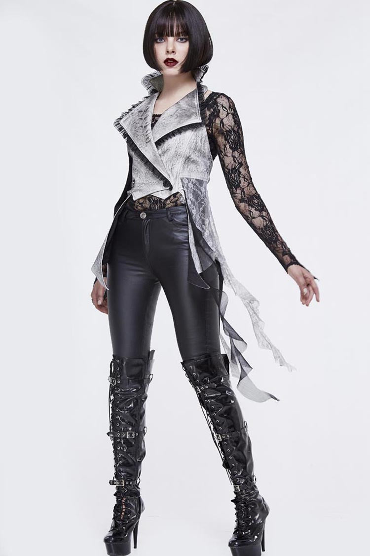 White Painted Back Lace Up Lace Hem Asymmetrical Women's Gothic Waistcoat - Product - 3