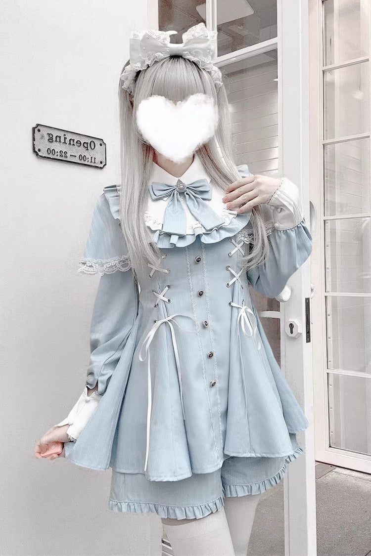 [Twilight Reimi] Long Sleeves Printed Ruffled Bow Lace Sweet Jirai Kei Japanese Dress Shorts Set 4 Colors - Blue-Striped - 2