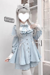 [Twilight Reimi] Long Sleeves Printed Ruffled Bow Lace Sweet Jirai Kei Japanese Dress Shorts Set 4 Colors - Blue-Striped - 2