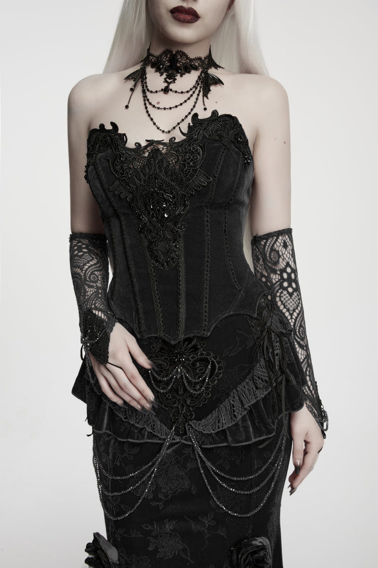 Black Lace Lace-Up Slim Fit Asymmetric Zippered Strappy Women's Gothic Balletcore Bustier Corset - Product - 8