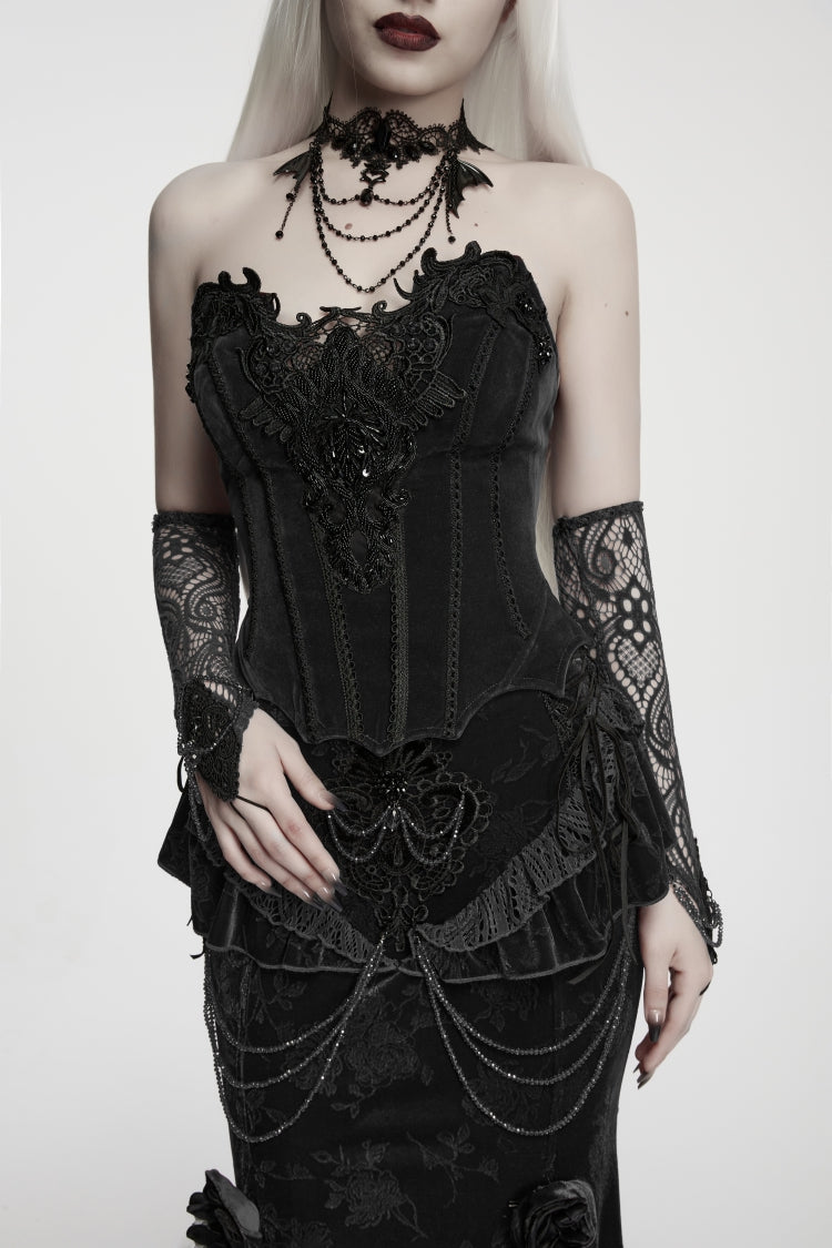 Black Lace Lace-Up Slim Fit Asymmetric Zippered Strappy Women's Gothic Balletcore Bustier Corset - Product - 8