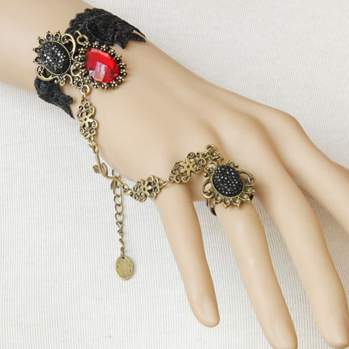 Black Vampire Retro Fashion Handmade Lace Ruby Female Party Gothic Lolita Ring Bracelet - Product - 2
