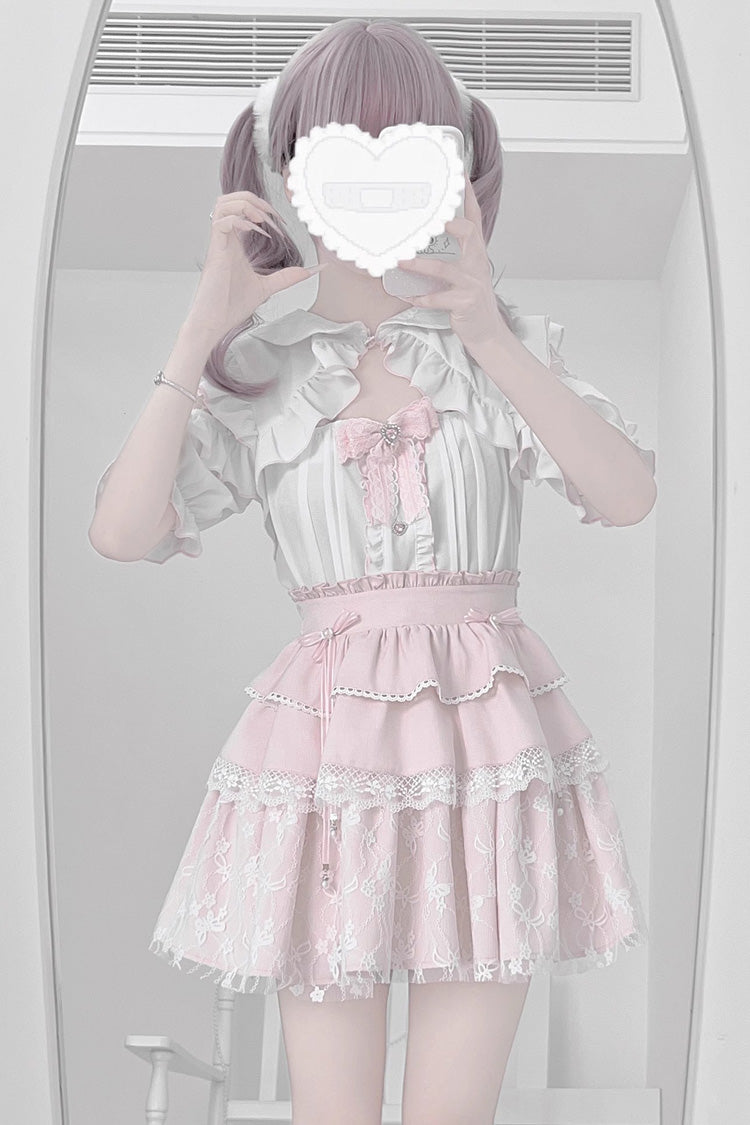 White/Pink Short Sleeves Triple-Layered Ruffle Bowknot Lace Jirai Kei Japanese Skirt Set - Product - 9