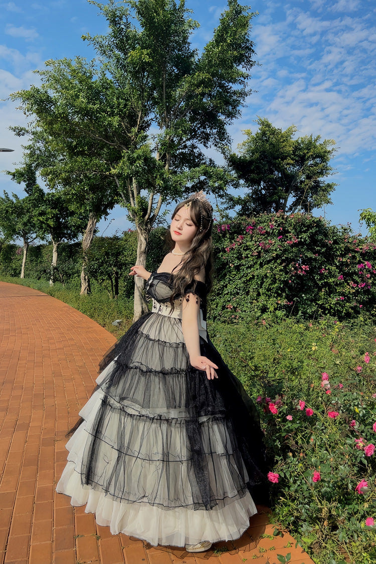 Black/White Ruffle Hanayome Lace Lace-Up Gothic Plus Size Lolita Jsk Dress (Long Version) - Product - 8