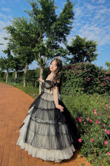 Black/White Ruffle Hanayome Lace Lace-Up Gothic Plus Size Lolita Jsk Dress (Long Version) - Product - 8