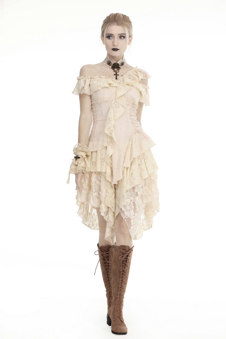 Beige Irregular Multi-Layered Ruffled Lace Women's Steampunk Vintage Dress - Product - 6