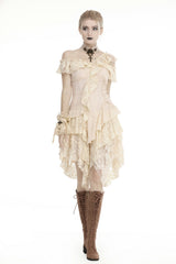 Beige Irregular Multi-Layered Ruffled Lace Women's Steampunk Vintage Dress - Product - 6