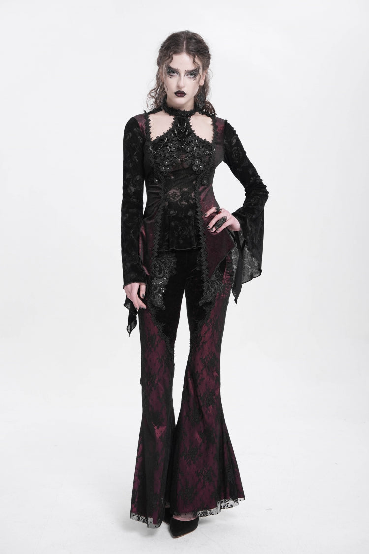 Red Long Trumpet Sleeves Jacquard Cutout Women's Gothic Blouse - Product - 9
