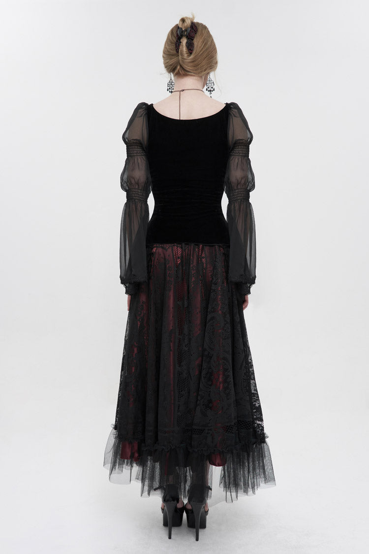 Black Velvet Paneled Chiffon Long Sleeves Chest Applique With Blood Red Diamonds Women's Gothic T-Shirt - Product - 7