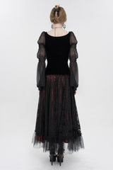 Black Velvet Paneled Chiffon Long Sleeves Chest Applique With Blood Red Diamonds Women's Gothic T-Shirt - Product - 7
