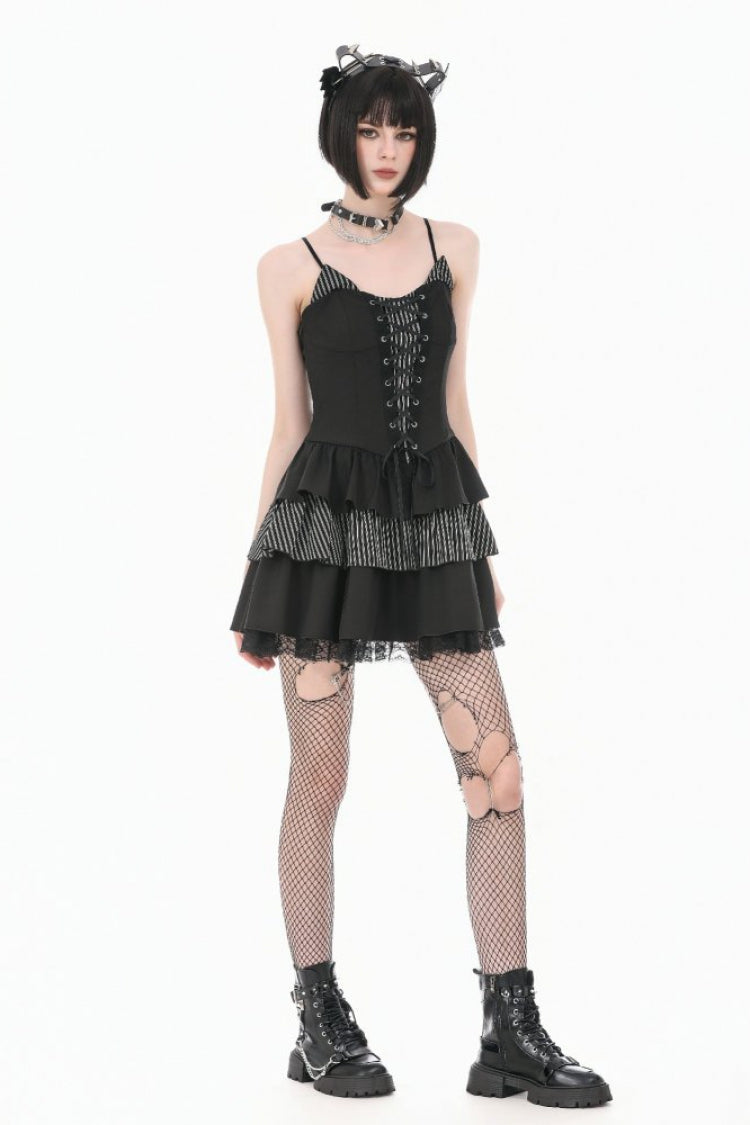 Black/White Contrast Stripes Lace-Up Multi-Layered Ruffled Hem Women's Gothic Slip Dress - Product - 7